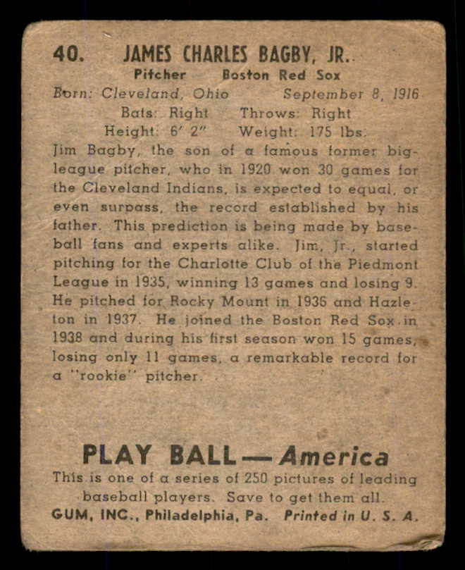 1939 Play Ball #040 Jim Bagby Red Sox Good 558186
