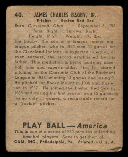 1939 Play Ball #040 Jim Bagby Red Sox Good 558186
