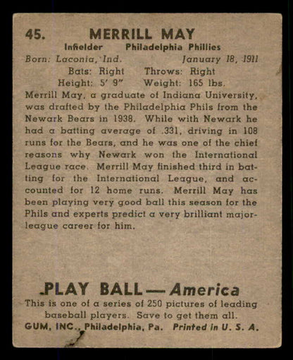 1939 Play Ball #045 Pinky May Phillies VG 558194