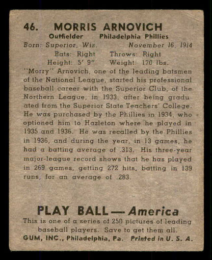 1939 Play Ball #046 Morrie Arnovich Phillies VG 558196