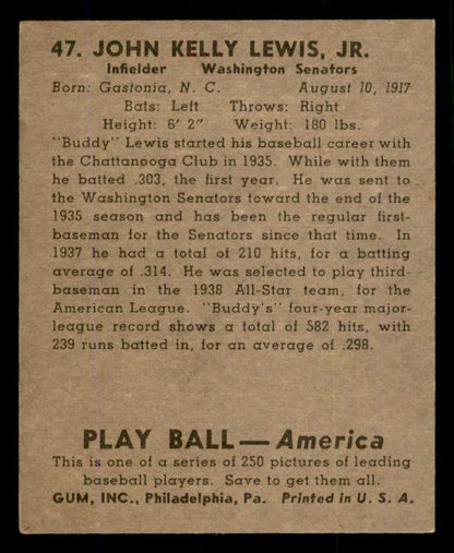 1939 Play Ball #047 Buddy Lewis Senators EX-MT 558198