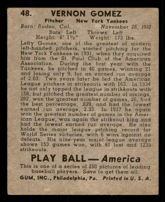 1939 Play Ball #048 Lefty Gomez Yankees VG-EX 558200