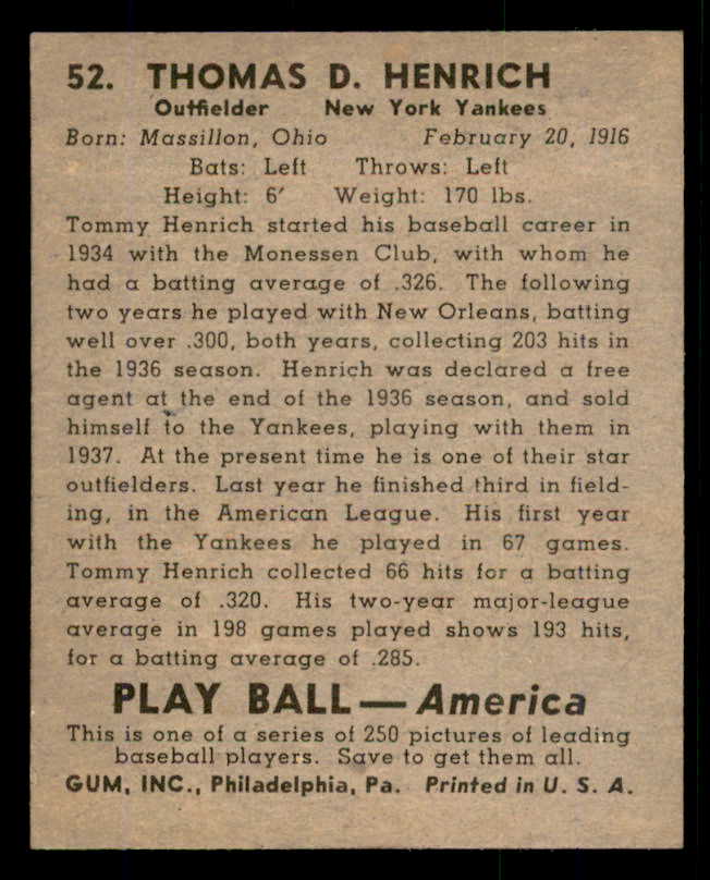 1939 Play Ball #052 Tommy Henrich Yankees EX+ 558206