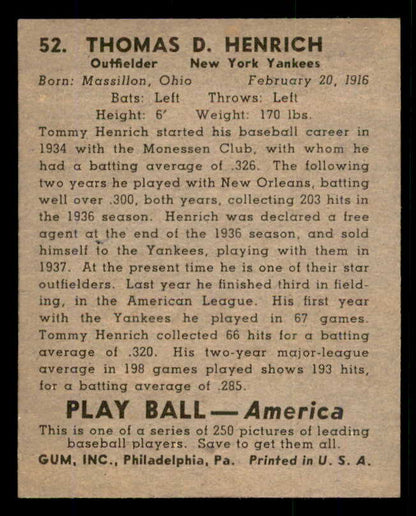 1939 Play Ball #052 Tommy Henrich Yankees EX+ 558206