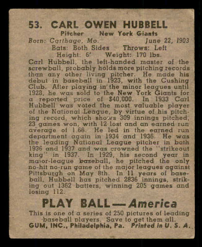 1939 Play Ball #053 Carl Hubbell Giants VG-EX 558208