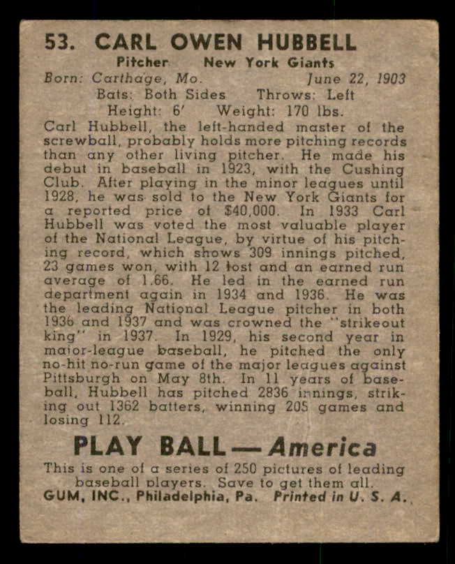 1939 Play Ball #053 Carl Hubbell Giants VG 558209
