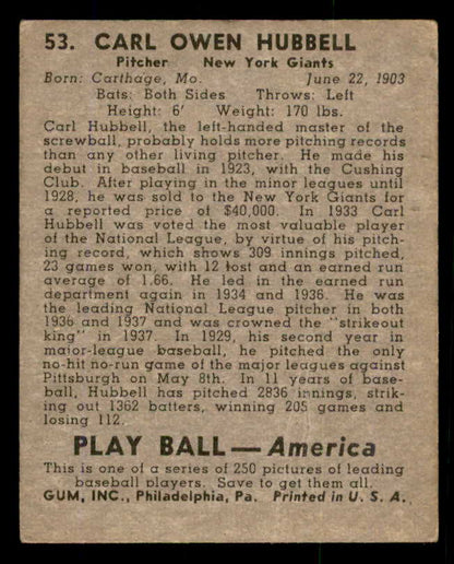 1939 Play Ball #053 Carl Hubbell Giants VG 558209