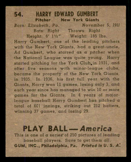 1939 Play Ball #054 Harry Gumbert Giants VG-EX 558210