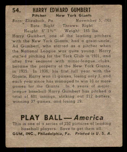 1939 Play Ball #054 Harry Gumbert Giants VG 558211