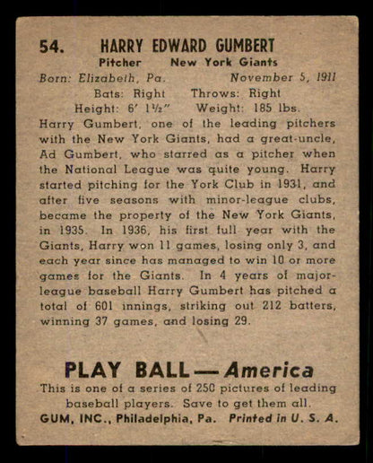 1939 Play Ball #054 Harry Gumbert Giants VG 558212