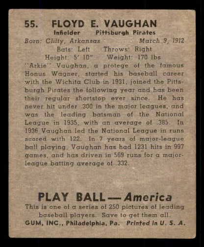 1939 Play Ball #055 Arky Vaughan Pirates VG-EX 558213