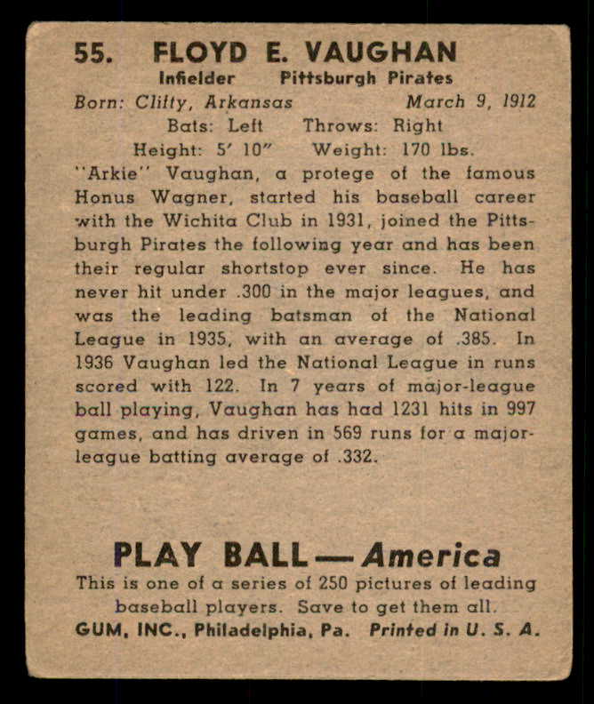1939 Play Ball #055 Arky Vaughan Pirates VG 558214