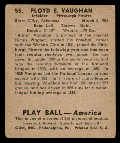 1939 Play Ball #055 Arky Vaughan Pirates VG 558214