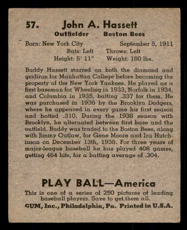 1939 Play Ball #057 Buddy Hassett Braves VG-EX 558216
