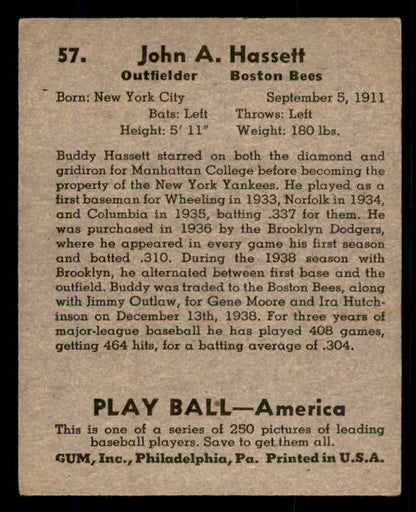 1939 Play Ball #057 Buddy Hassett Braves VG-EX 558216