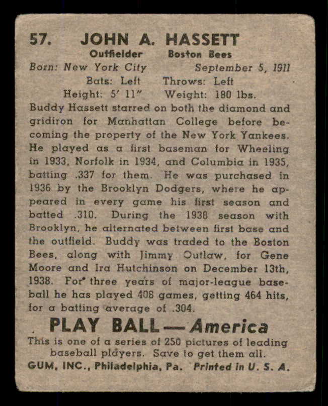 1939 Play Ball #057 Buddy Hassett Braves GD/GD-VG 558217