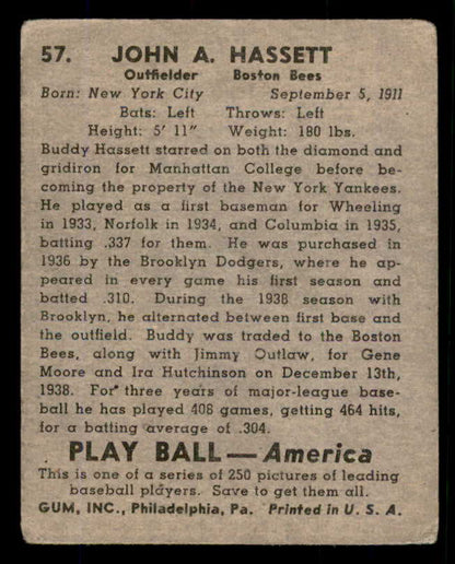1939 Play Ball #057 Buddy Hassett Braves GD/GD-VG 558217