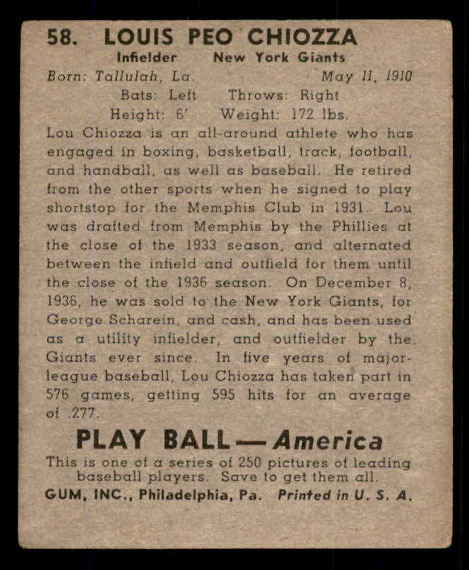 1939 Play Ball #058 Lou Chiozza Giants VG-EX 558219
