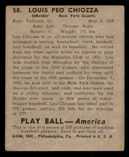 1939 Play Ball #058 Lou Chiozza Giants VG-EX 558219