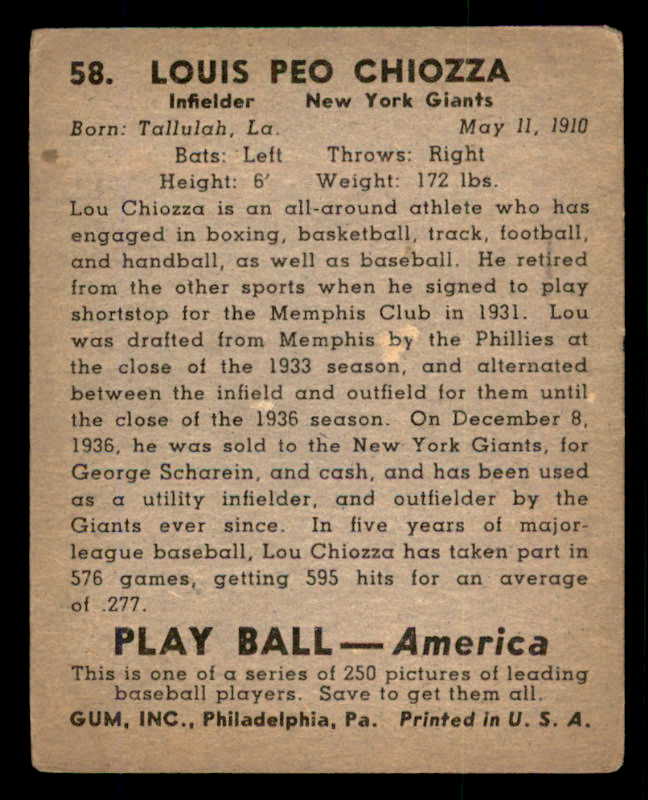 1939 Play Ball #058 Lou Chiozza Giants VG 558220