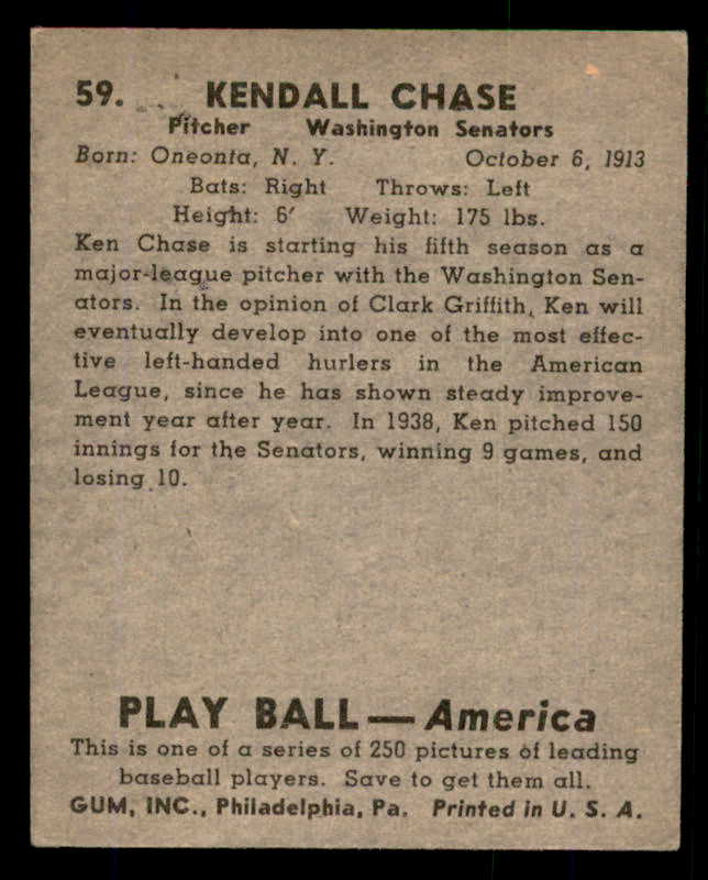 1939 Play Ball #059 Ken Chase Senators EX 558221