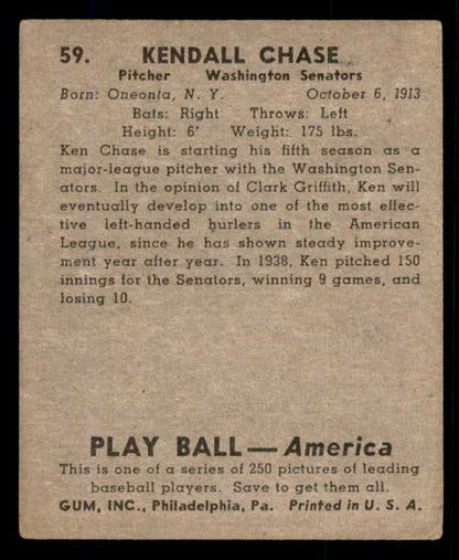 1939 Play Ball #059 Ken Chase Senators VG/VG-EX 558222