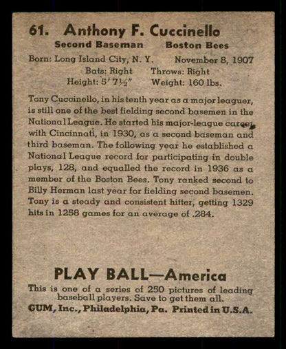 1939 Play Ball #061 Tony Cuccinello Braves EX-MT 558226