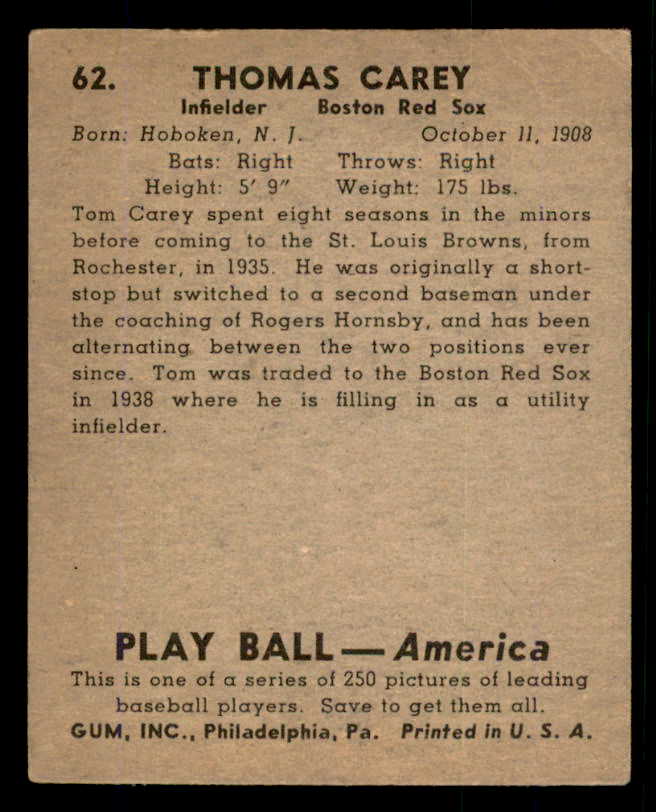 1939 Play Ball #062 Tom Carey Red Sox EX 558229