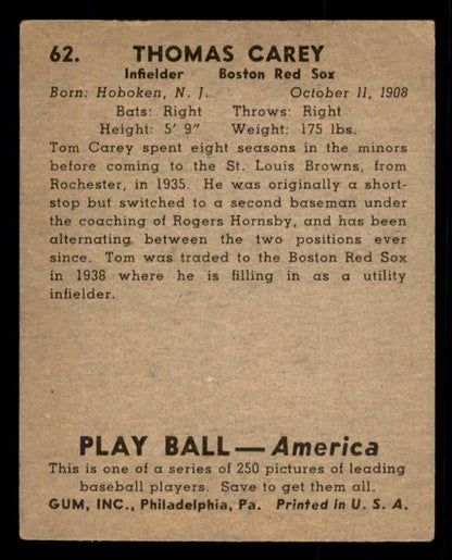 1939 Play Ball #062 Tom Carey Red Sox EX 558229