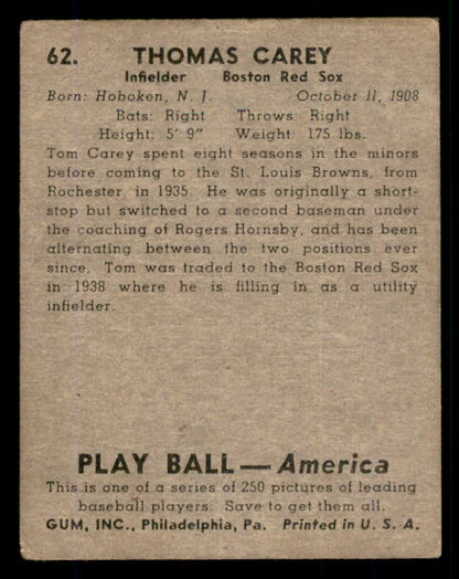 1939 Play Ball #062 Tom Carey Red Sox Good trimmed 558231