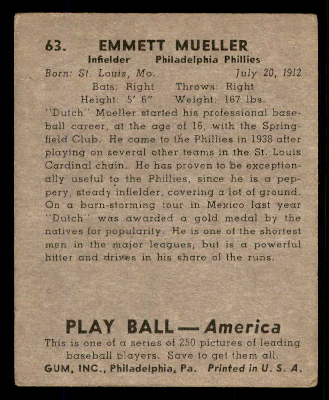 1939 Play Ball #063 Dutch Mueller Phillies VG/VG-EX 558233