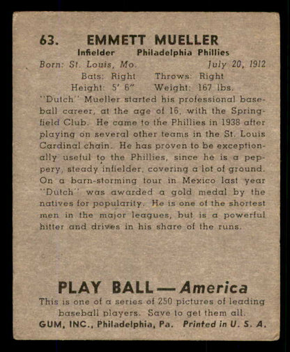 1939 Play Ball #063 Dutch Mueller Phillies VG/VG-EX 558233