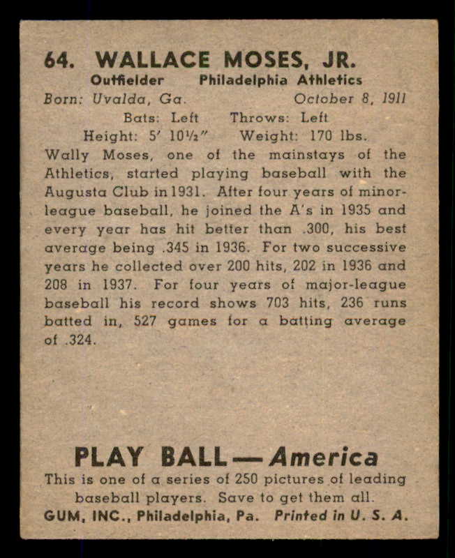 1939 Play Ball #064 Wally Moses A's EX 558236