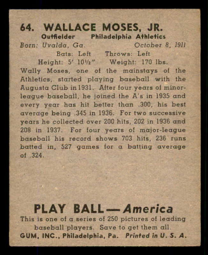 1939 Play Ball #064 Wally Moses A's EX 558236