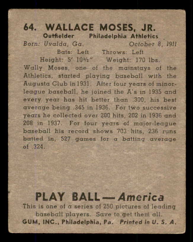 1939 Play Ball #064 Wally Moses A's VG-EX 558237