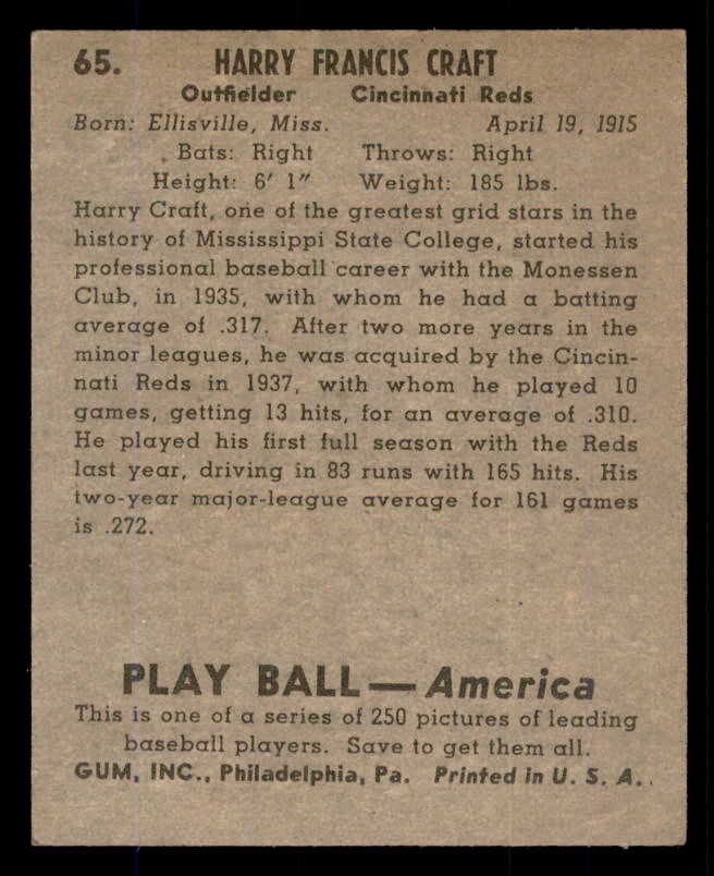 1939 Play Ball #065 Harry Craft Reds EX-MT 558238