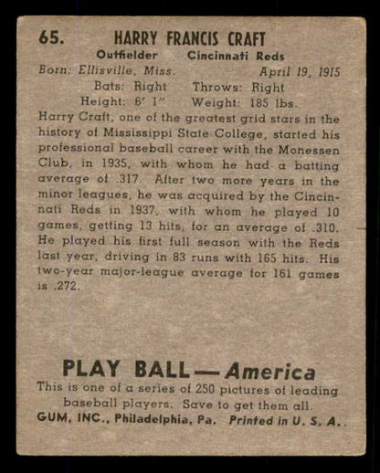1939 Play Ball #065 Harry Craft Reds VG-EX 558239
