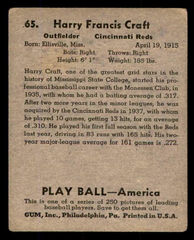 1939 Play Ball #065 Harry Craft Reds VG 558240