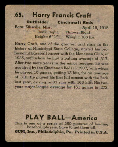 1939 Play Ball #065 Harry Craft Reds VG 558240