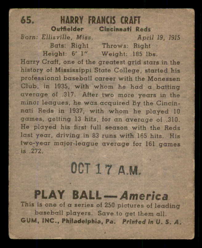 1939 Play Ball #065 Harry Craft Reds GD-VG ink back 558241