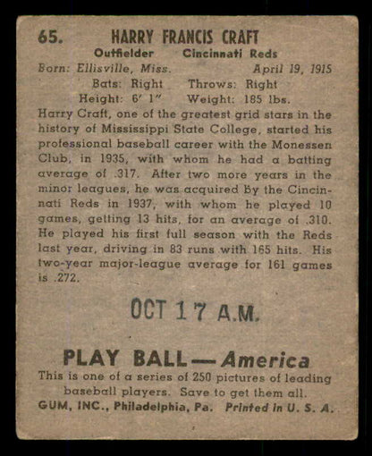 1939 Play Ball #065 Harry Craft Reds GD-VG ink back 558241