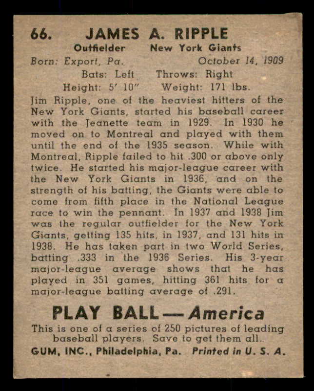 1939 Play Ball #066 Jimmy Ripple Giants EX 558243