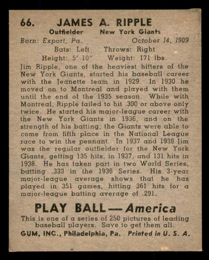 1939 Play Ball #066 Jimmy Ripple Giants EX 558243