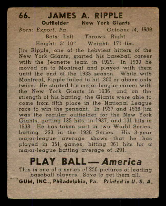 1939 Play Ball #066 Jimmy Ripple Giants VG-EX 558244