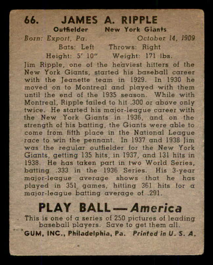 1939 Play Ball #066 Jimmy Ripple Giants VG-EX 558244