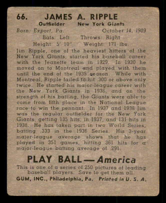 1939 Play Ball #066 Jimmy Ripple Giants VG/VG-EX 558245