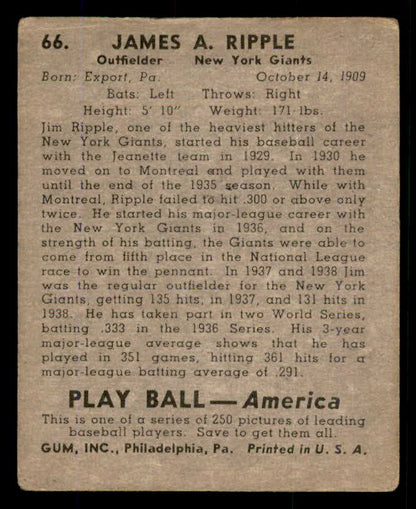 1939 Play Ball #066 Jimmy Ripple Giants VG/VG-EX 558245
