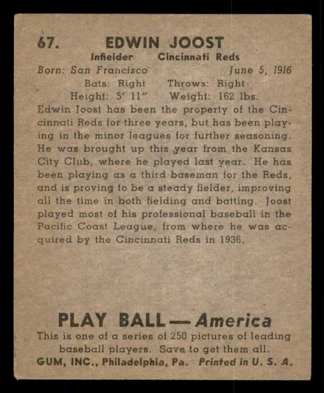 1939 Play Ball #067 Eddie Joost Reds VG-EX 558247