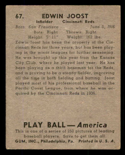 1939 Play Ball #067 Eddie Joost Reds VG 558249