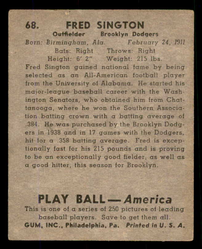 1939 Play Ball #068 Fred Sington Dodgers VG 558252